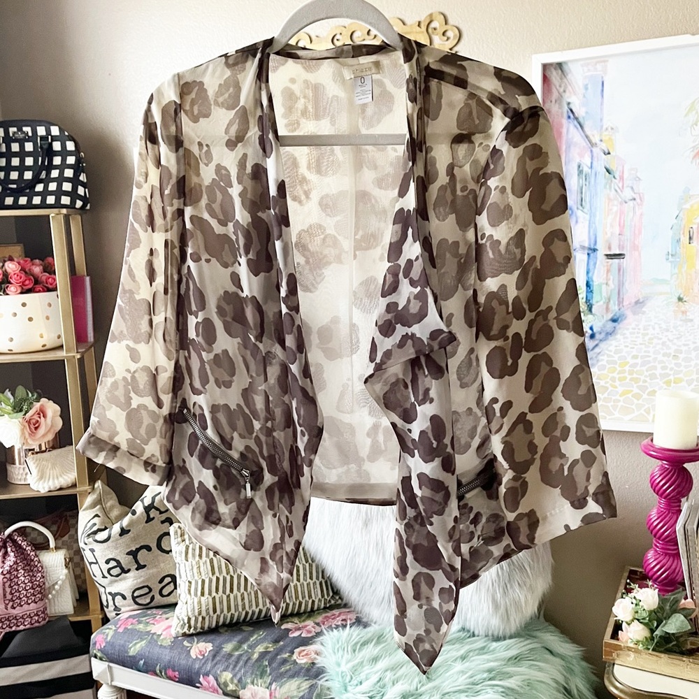 Chico's leopard print waterfall semi sheer cardigan size 0